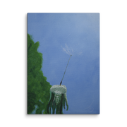 I am a beginning, not an ending canvas print by Artis Berkmanis – a single dandelion seed lifting off into a clear blue sky beside green foliage, dandelion seed wall art