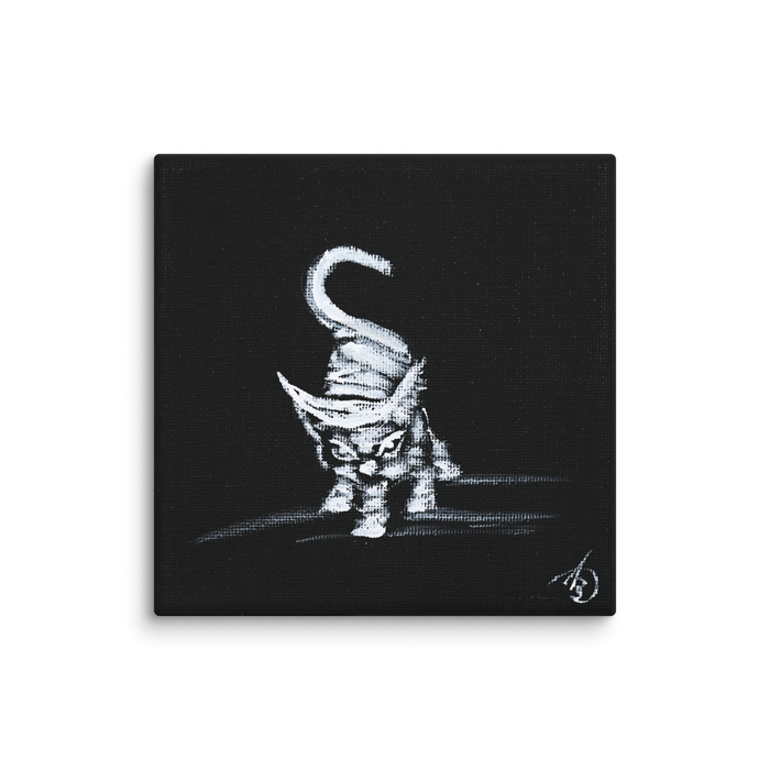 I am not as small as I look canvas print by Artis Berkmanis – a small white kitten stepping out of a black background, white kitten art