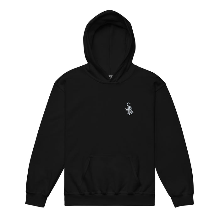 I am not as small as I look kids hoodie by Art-is-Artis – black kids’ hoodie with a small white kitten on the chest, front view