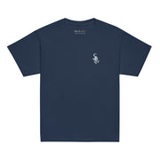 I am not as small as I look kids T-shirt by Art-is-Artis – navy kids’ T-shirt with a small white kitten on the chest, front view