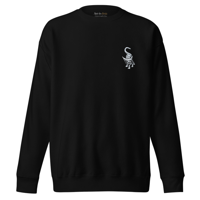 I am not as small as I look sweatshirt by Art-is-Artis – black sweatshirt with a small white kitten on the chest, front view