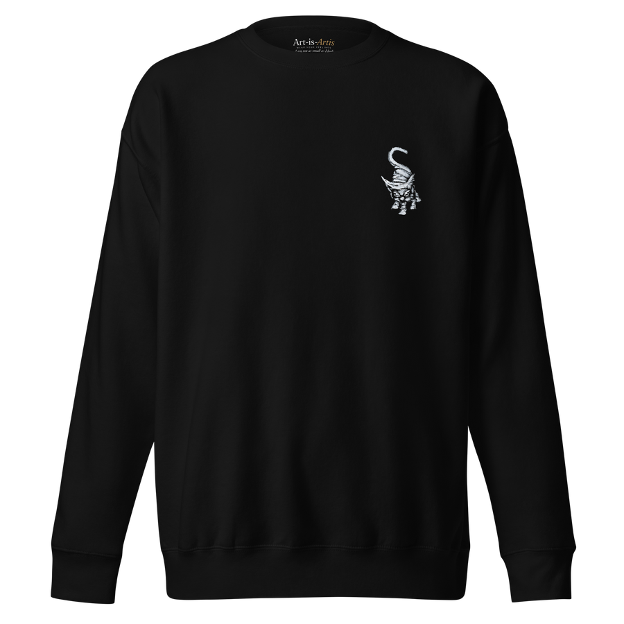 I am not as small as I look sweatshirt by Art-is-Artis – black sweatshirt with a small white kitten on the chest, front view