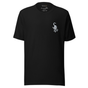 I am not as small as I look T-shirt by Art-is-Artis – black T-shirt with a small white kitten on the chest, front view