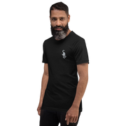 I am not as small as I look T-shirt by Art-is-Artis – man wearing the black T-shirt with a small white kitten on the chest