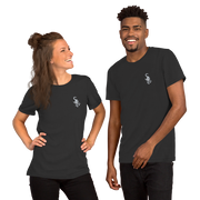 I am not as small as I look T-shirt by Art-is-Artis – two people wearing the dark grey T-shirt with a small white kitten on the chest