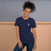 I am not as small as I look T-shirt by Art-is-Artis – woman wearing the navy T-shirt with a small white kitten on the chest