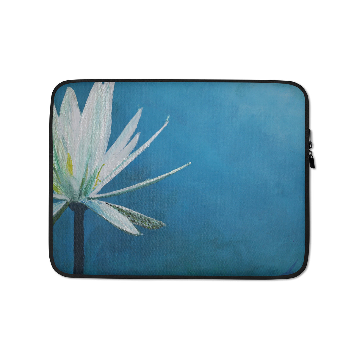 I am laptop sleeve by Art-is-Artis – 13″ neoprene sleeve with a white water lily on deep blue
