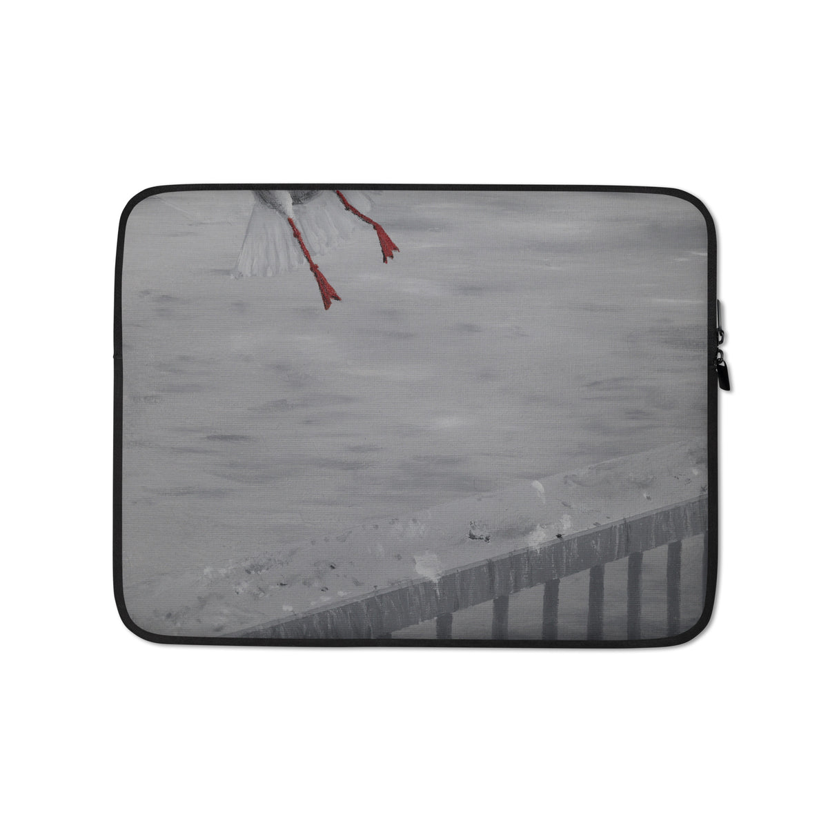 Oh crap! laptop sleeve by Art-is-Artis – 13″ neoprene sleeve with a seagull’s red feet flying off over a grey railing