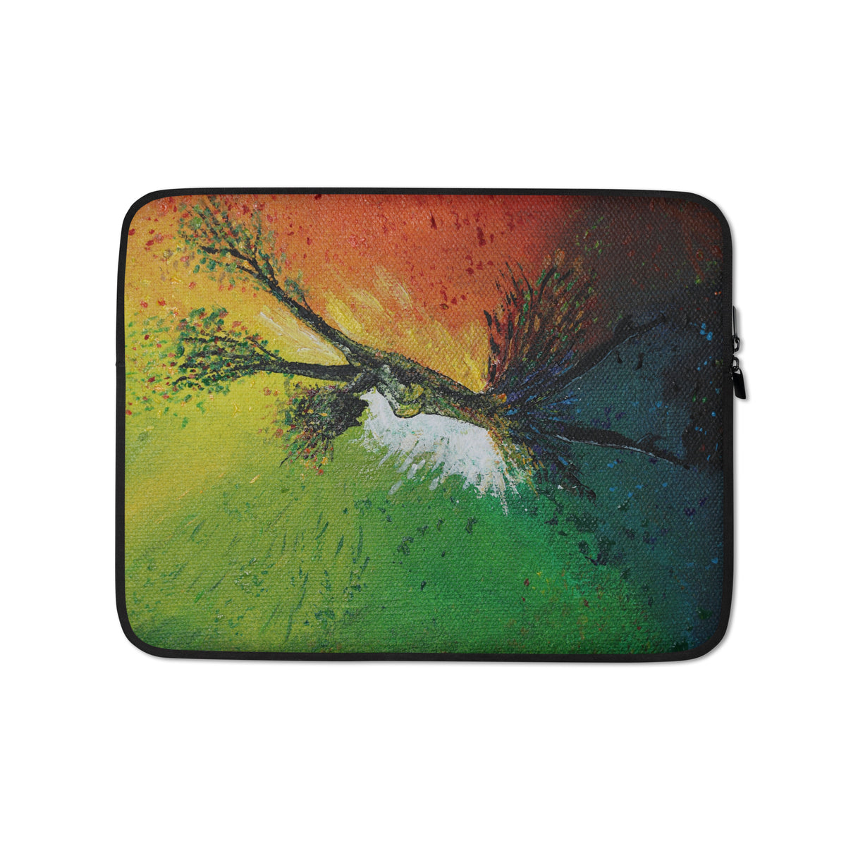 Laptop sleeve with Artis Berkmanis’s painting “I grew out of what held me back” — a figure growing into a tree in green, orange and red — 13″
