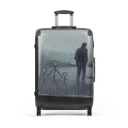 Hard-shell suitcase with Artis Berkmanis’s painting “I love you, Dad!” — figures drawn on a rainy window and a father beyond the glass — Large size