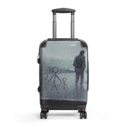 Hard-shell suitcase with Artis Berkmanis’s painting “I love you, Dad!” — figures drawn on a rainy window and a father beyond the glass — Small size