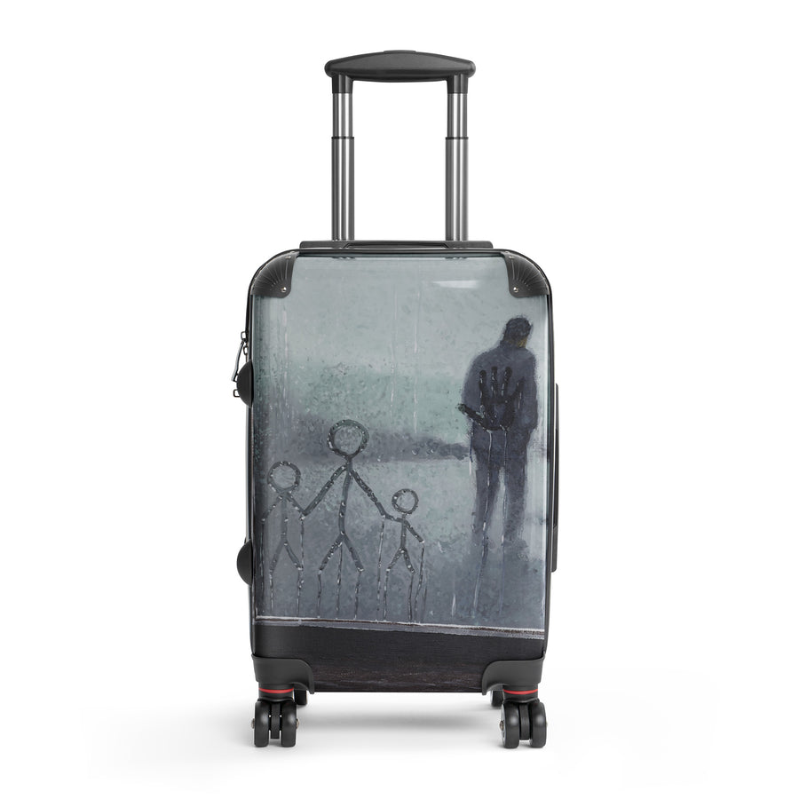 Hard-shell suitcase with Artis Berkmanis’s painting “I love you, Dad!” — figures drawn on a rainy window and a father beyond the glass — Small size