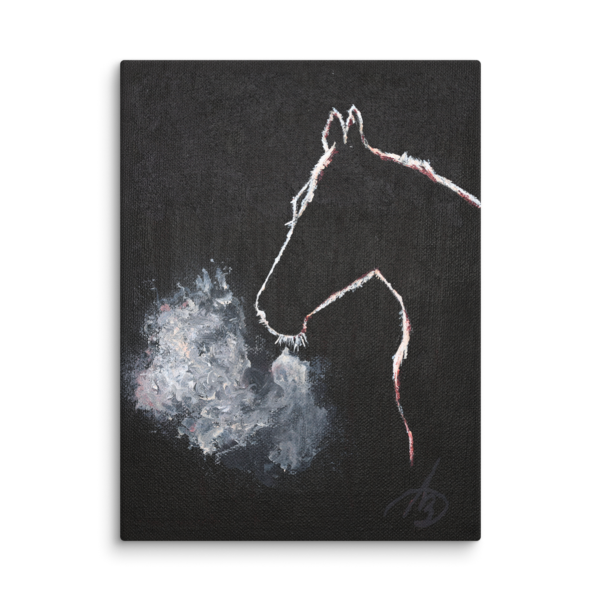 The night did not keep him canvas print by Artis Berkmanis – white outline of a horse’s head, its breath turning to mist on a black background, horse head art