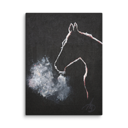 The night did not keep him canvas print by Artis Berkmanis – white outline of a horse’s head, its breath turning to mist on a black background, horse head art