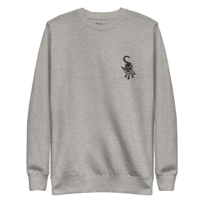I am not as small as I look light sweatshirt by Art-is-Artis – grey sweatshirt with a small black kitten on the chest, front view