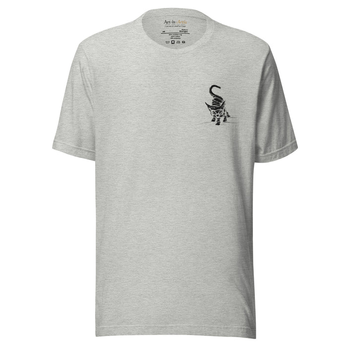 I am not as small as I look light T-shirt by Art-is-Artis – heather grey T-shirt with a small black kitten on the chest, front view