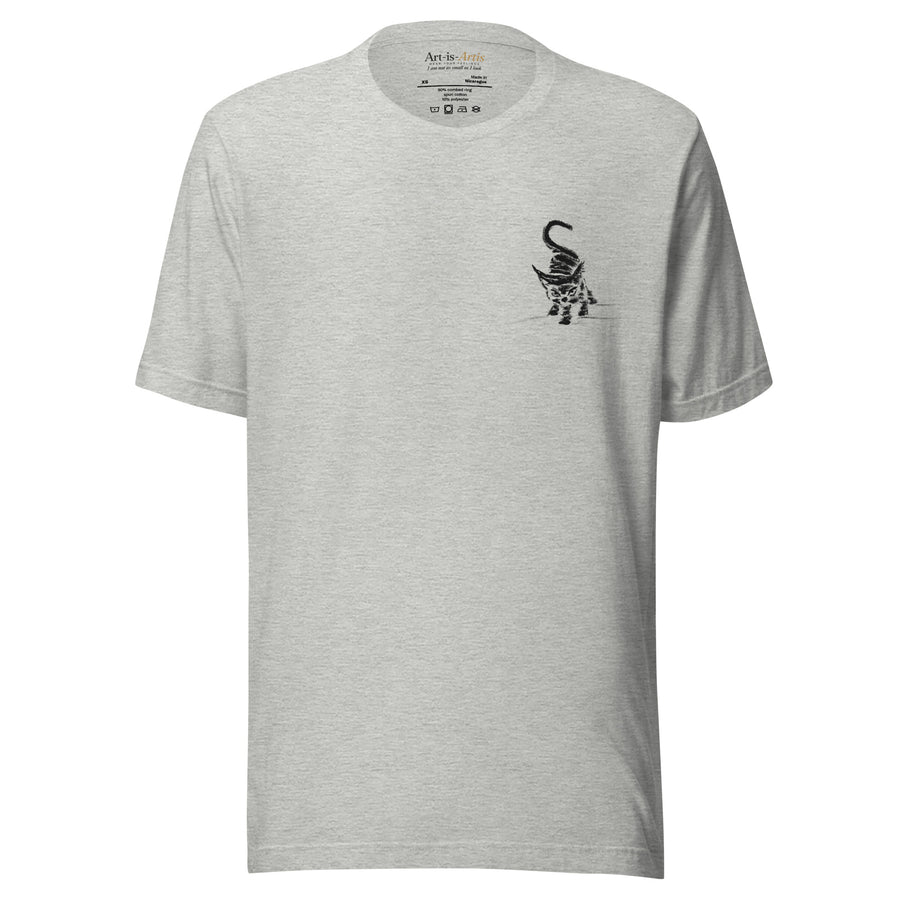 I am not as small as I look light T-shirt by Art-is-Artis – heather grey T-shirt with a small black kitten on the chest, front view