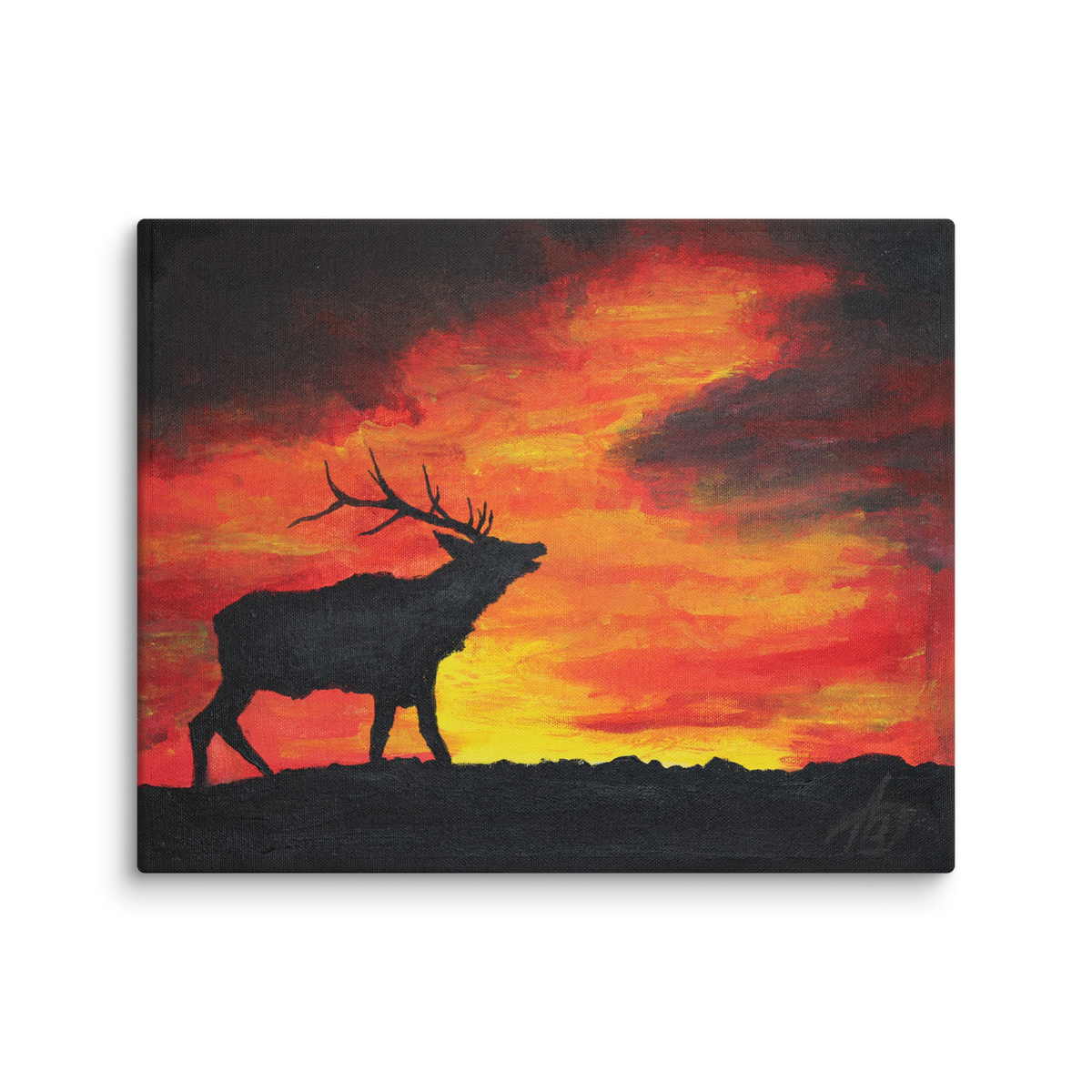 Where the sun becomes a beast canvas print by Artis Berkmanis – black silhouette of a stag calling against a fiery red and yellow sunset sky, stag silhouette sunset art
