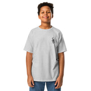 I am not as small as I look kids light T-shirt by Art-is-Artis – boy in a sport grey T-shirt with a small black kitten on the chest