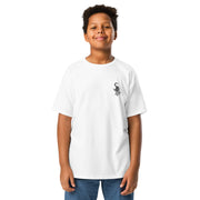 I am not as small as I look kids light T-shirt by Art-is-Artis – boy in a white T-shirt with a small black kitten on the chest